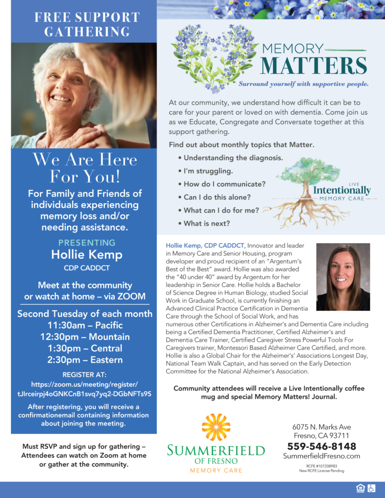 Summerfield Fresno Memory Matter support group flyer